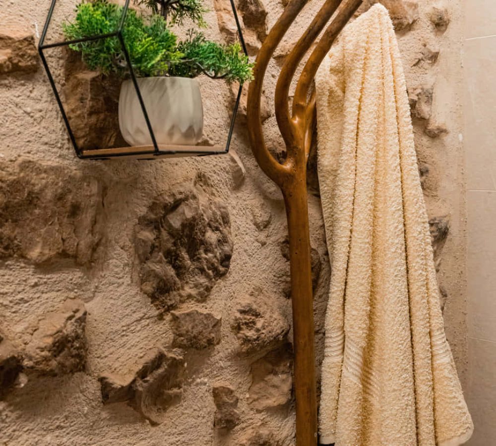 Decoración de baño con toalla y planta.