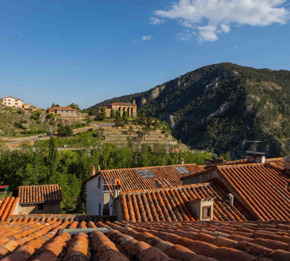 Vistas de tejados y montañas en un pueblo.